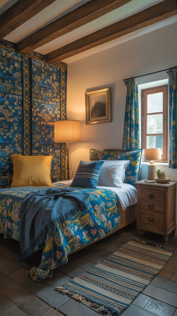 A cozy bedroom featuring blue and yellow patterned textiles, wooden beams, and vintage furniture.