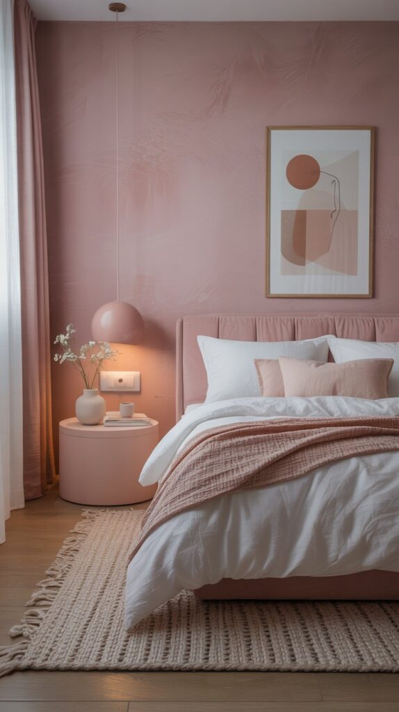 A modern minimalist pink bedroom with a soft pink wall, white bed linens, and simple decor.