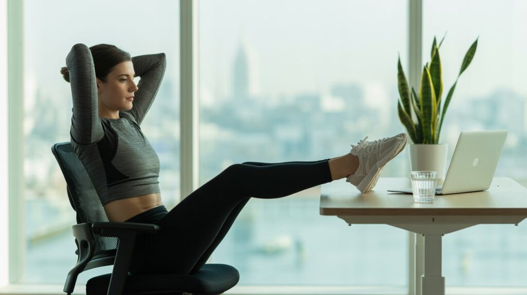 A modern, minimalist office setting with a well-organized desk. In the foreground, an ergonomic office chair and a person doing seated leg raises, engaging their core. The middle ground features a standing desk with a laptop, a glass of water, and a potted plant. Soft, natural lighting filters through large windows, casting a warm, productive ambiance. The background showcases a neutral-toned wall with simple decor, emphasizing the focus on mindful movement within the workspace. The overall scene conveys a sense of balance between work and wellness, inspiring the viewer to incorporate "deskercise" into their daily routine. A modern, minimalist office setting with a well-organized desk. In the foreground, an ergonomic office chair and a person doing seated leg raises, engaging their core. The middle ground features a standing desk with a laptop, a glass of water, and a potted plant. Soft, natural lighting filters through large windows, casting a warm, productive ambiance. The background showcases a neutral-toned wall with simple decor, emphasizing the focus on mindful movement within the workspace. The overall scene conveys a sense of balance between work and wellness, inspiring the viewer to incorporate "deskercise" into their daily routine.