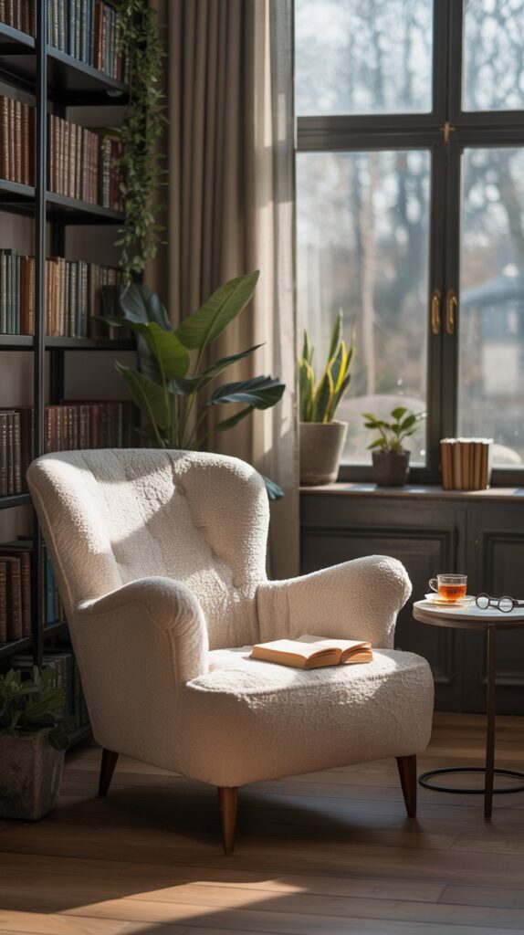 A cozy reading nook with a comfortable armchair, bookshelves filled with books, and natural light coming through the window.