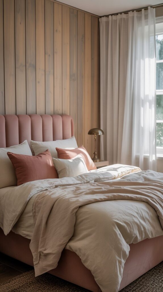 A stylish bedroom featuring a pink headboard, natural wood paneling, and soft bedding.