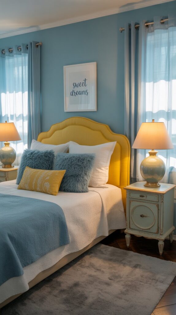 A beautifully designed bedroom featuring blue walls and yellow accents, including a yellow bed and curtains.