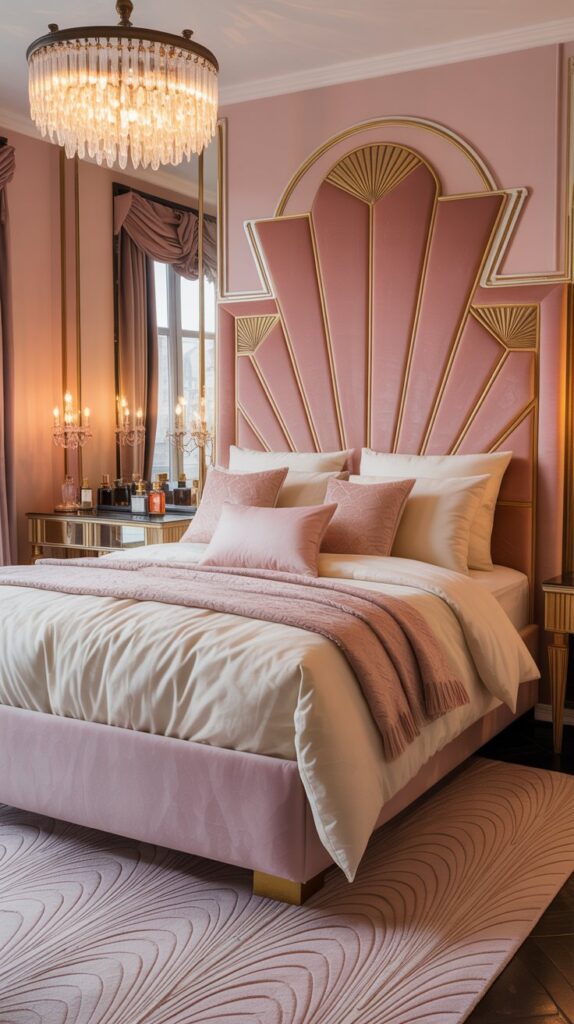 A luxurious Art Deco style pink bedroom featuring elegant decor, a chandelier, and plush furnishings.