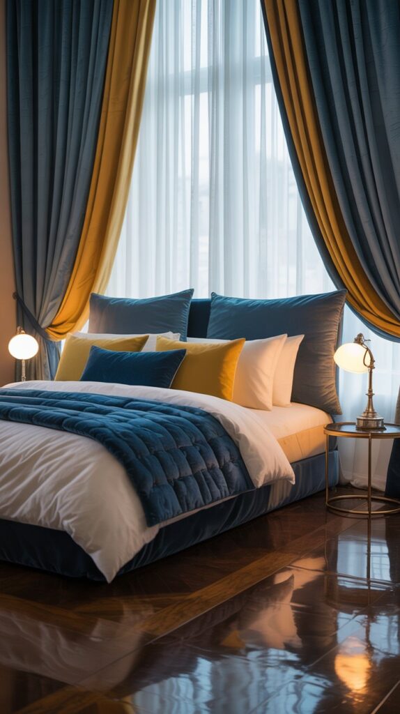 Luxurious blue and yellow bedroom featuring velvet curtains and pillows.