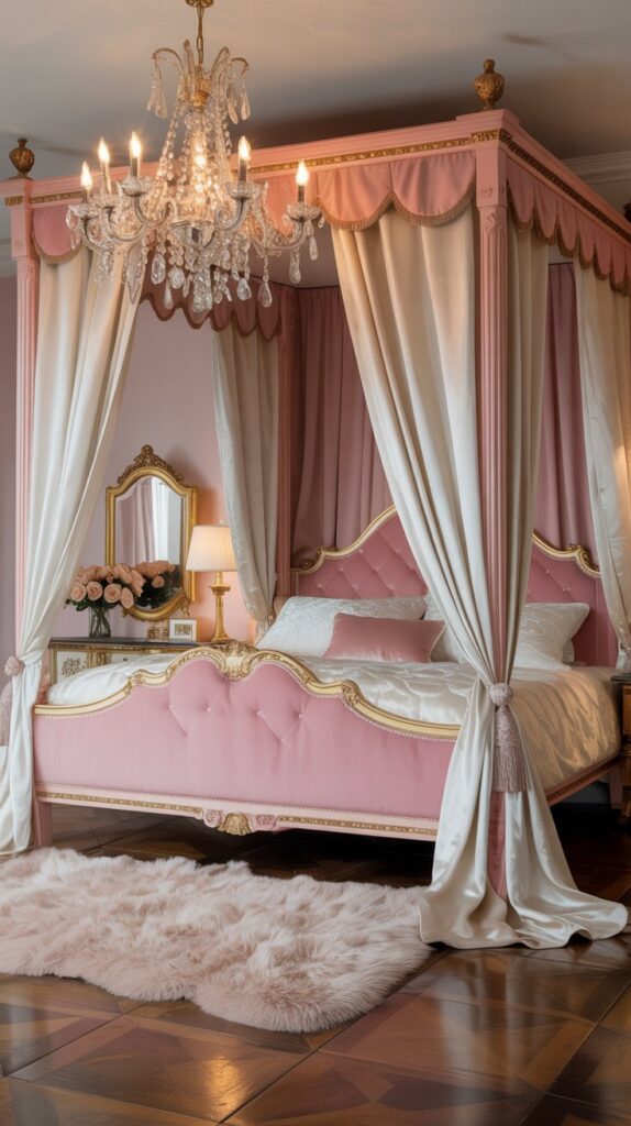 A pink canopy bed with elegant drapes, gold accents, and a chandelier in a sophisticated bedroom.