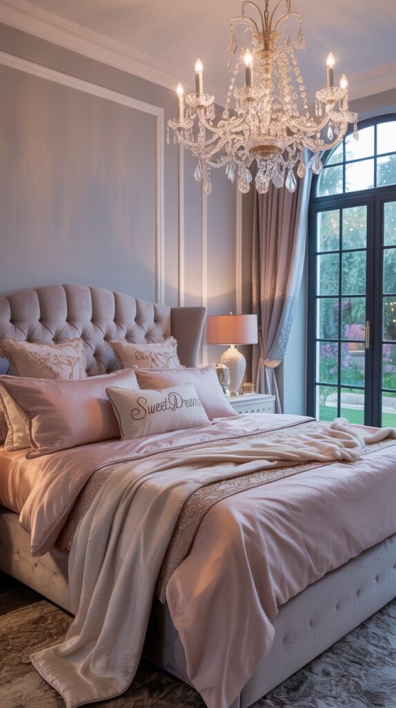 A sophisticated pink and gray bedroom featuring elegant decor and a luxurious chandelier.