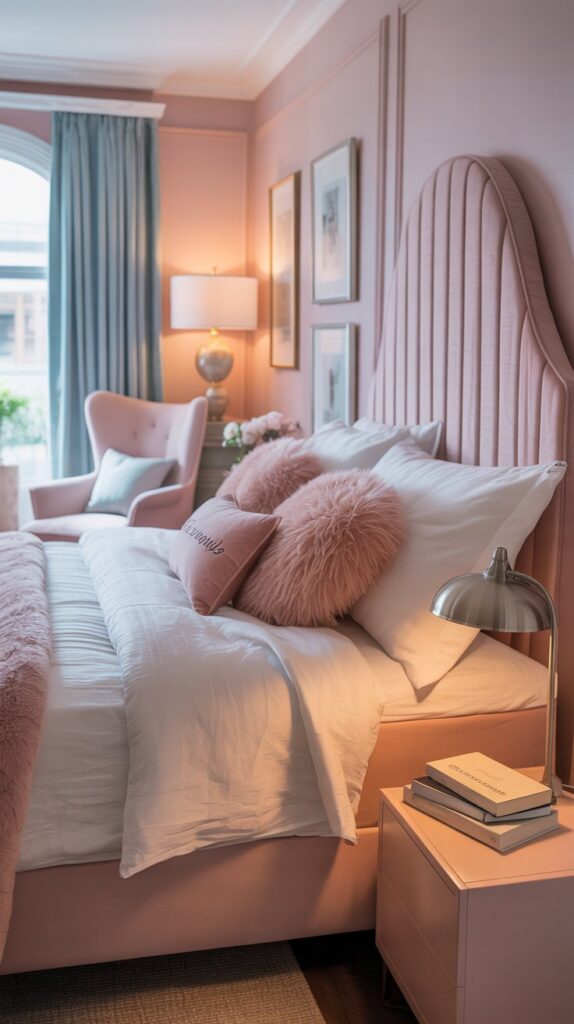 A stylish pink bedroom with a cozy bed, pink walls, and blue accents.