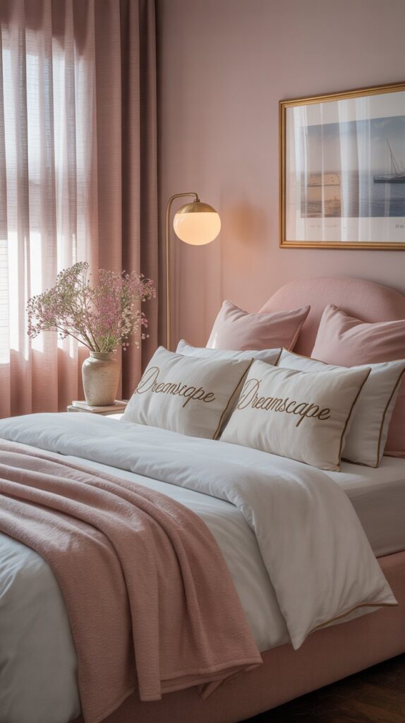 A sophisticated pink bedroom featuring soft pink walls, a stylish bed with layered pillows, modern lighting, nautical artwork, and a floral arrangement.