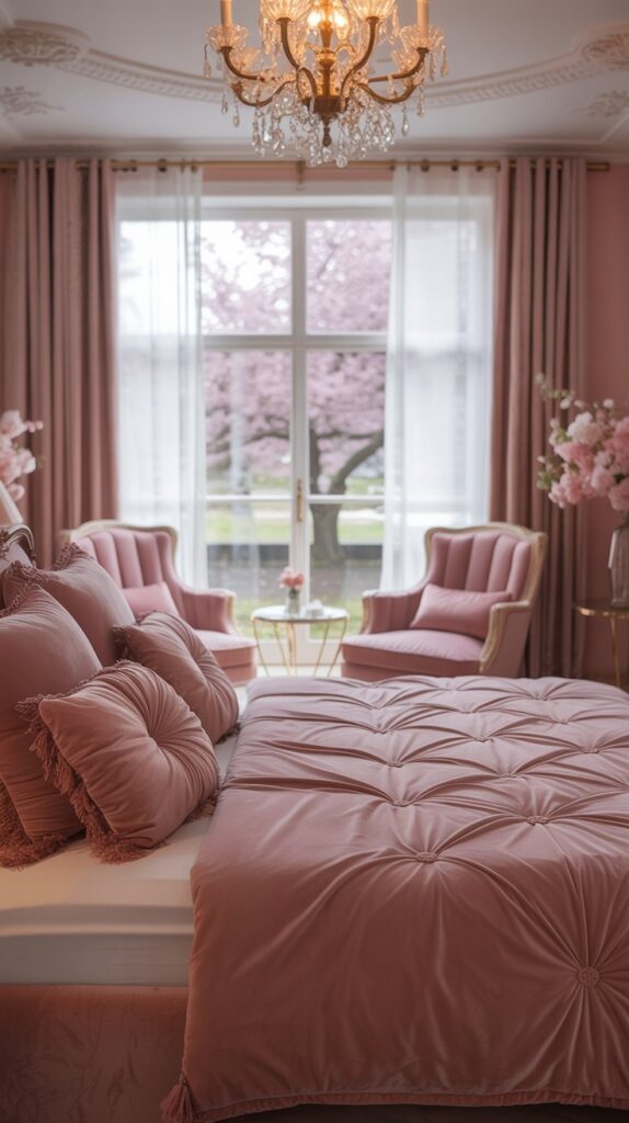 A pink velvet furnished bedroom featuring a tufted bed, elegant armchairs, and a chandelier.