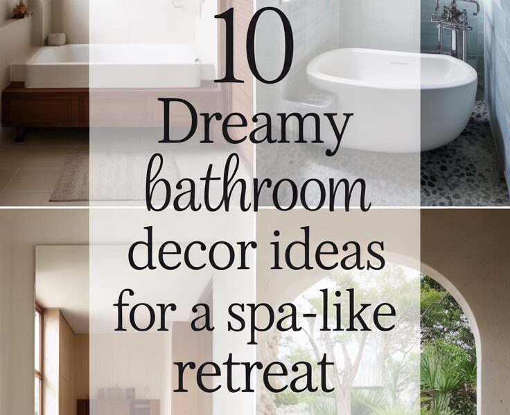 A photograph of a meticulously crafted collage showcasing four distinct spa-like bathrooms, each uniquely styled to evoke serenity and relaxation. The bathrooms feature varying color palettes – one with soft creams and wood tones, another with calming blues and grays, and a third with lush greens and natural stone accents, with all bathed in soft, diffused light. Overlaid on the collage in elegant, modern script are the words "10 Dreamy Bathroom Decor Ideas for a Spa-Like Retreat". The background is a clean white, allowing the bathrooms to stand out as the primary focus, and a subtle shadow effect gives the collage depth and dimension.