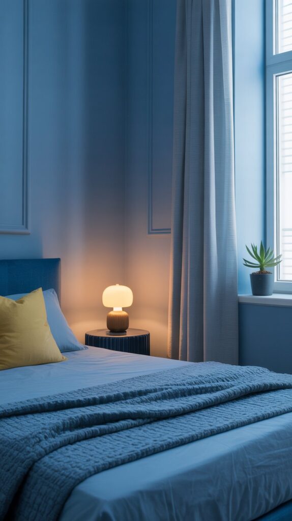 A minimalist bedroom featuring blue walls, a blue bedspread, and yellow accents.