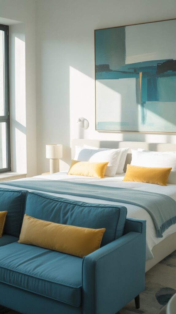 A stylish blue and yellow bedroom featuring a bed and a blue sofa, yellow cushions, and modern artwork.