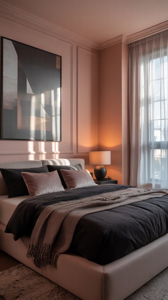A modern bedroom featuring pink walls and black furniture, showcasing a stylish contrast.