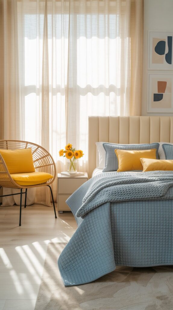 A stylish blue and yellow bedroom featuring trendy accent furniture, a cozy bed, and colorful decor.