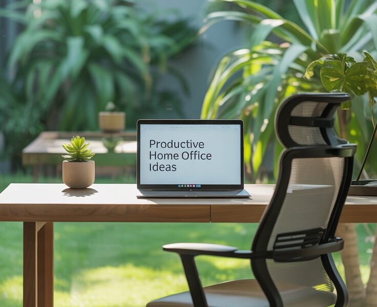 A photograph of a modern, minimalist home office bathed in natural light. A sleek wooden desk holds a laptop displaying “Productive Home Office Ideas” and a small succulent plant sits to the left. A comfortable ergonomic chair sits in front of the desk, and a large window behind the desk looks out onto a vibrant green garden. Soft, diffused light creates a calming and inspiring workspace.