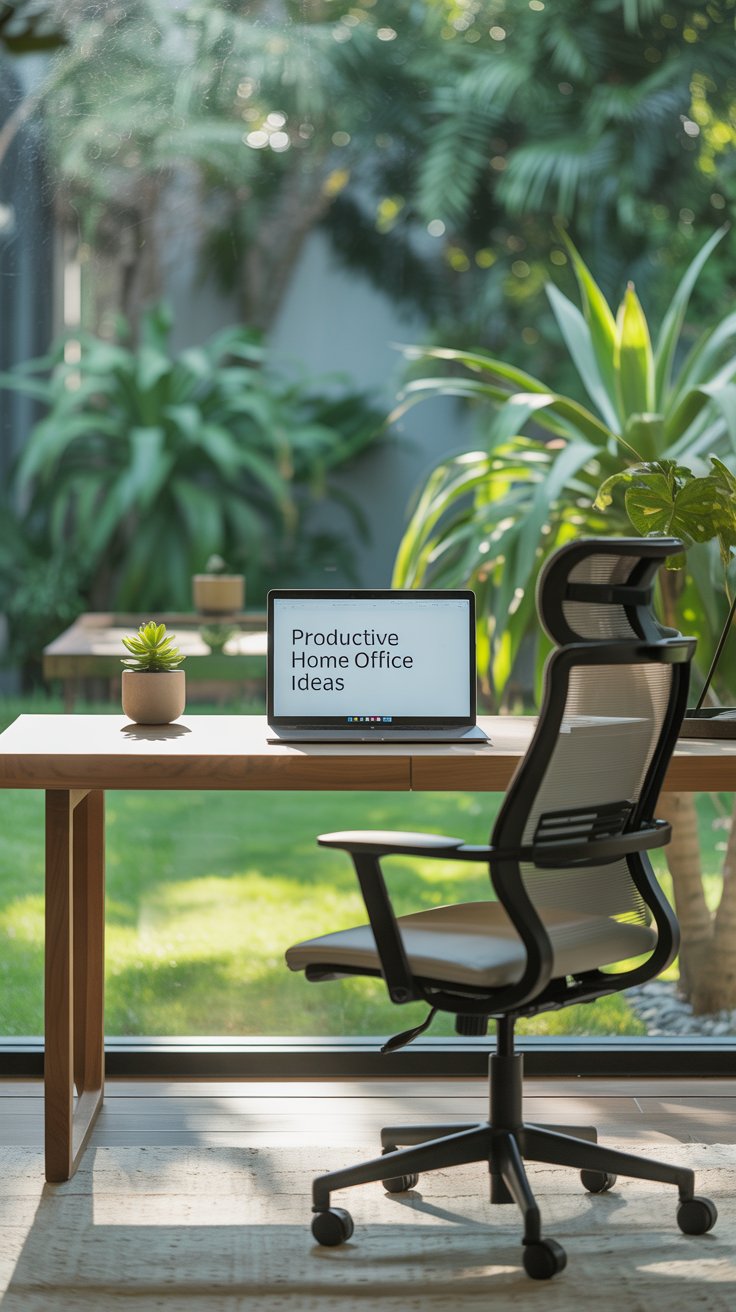 A photograph of a modern, minimalist home office bathed in natural light. A sleek wooden desk holds a laptop displaying “Productive Home Office Ideas” and a small succulent plant sits to the left. A comfortable ergonomic chair sits in front of the desk, and a large window behind the desk looks out onto a vibrant green garden. Soft, diffused light creates a calming and inspiring workspace.