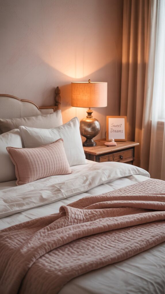 A cozy bedroom with textured pink walls, a wooden nightstand, and soft bedding.