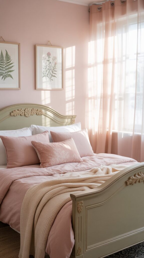 A pastel pink bedroom featuring a light green bed frame, soft bedding, and nature-themed artwork.