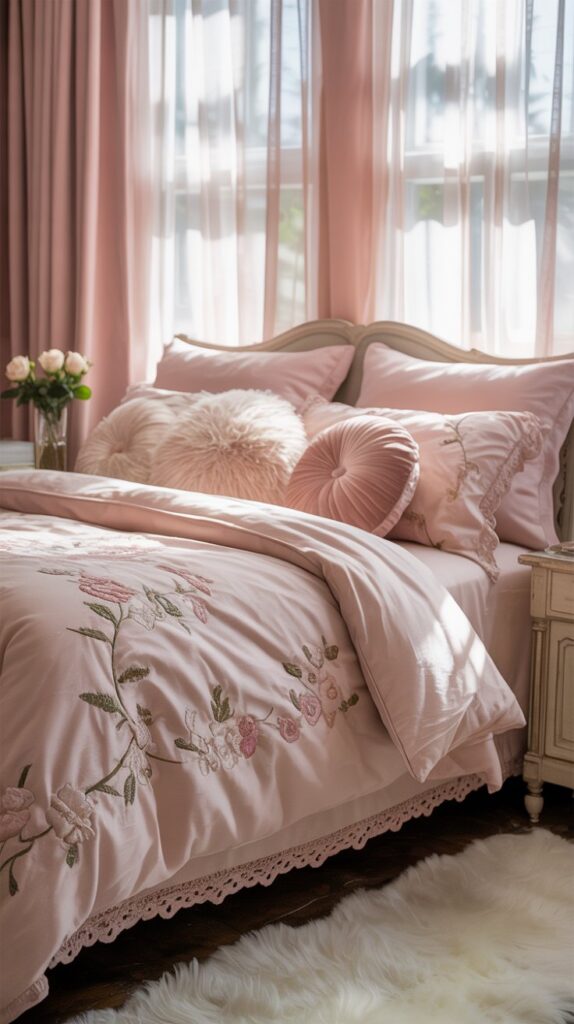 A cozy pink bedroom featuring soft textiles, including pink curtains and fluffy bedding.
