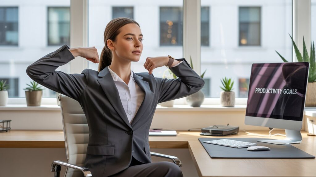 A well-lit office space with a desk, chair, and computer setup. In the foreground, a person sitting at the desk is performing seated desk exercises, their torso and arms engaged in various movements. The exercises depicted could include arm circles, shoulder rolls, neck stretches, and leg raises. The person's facial expression conveys focus and engagement. The background features a clean, minimalist aesthetic with a large window letting in natural light, and potted plants or other office decor elements. The overall mood is one of productivity and wellness, encouraging the viewer to incorporate simple exercises into their daily desk routine. A well-lit office space with a desk, chair, and computer setup. In the foreground, a person sitting at the desk is performing seated desk exercises, their torso and arms engaged in various movements. The exercises depicted could include arm circles, shoulder rolls, neck stretches, and leg raises. The person's facial expression conveys focus and engagement. The background features a clean, minimalist aesthetic with a large window letting in natural light, and potted plants or other office decor elements. The overall mood is one of productivity and wellness, encouraging the viewer to incorporate simple exercises into their daily desk routine.
