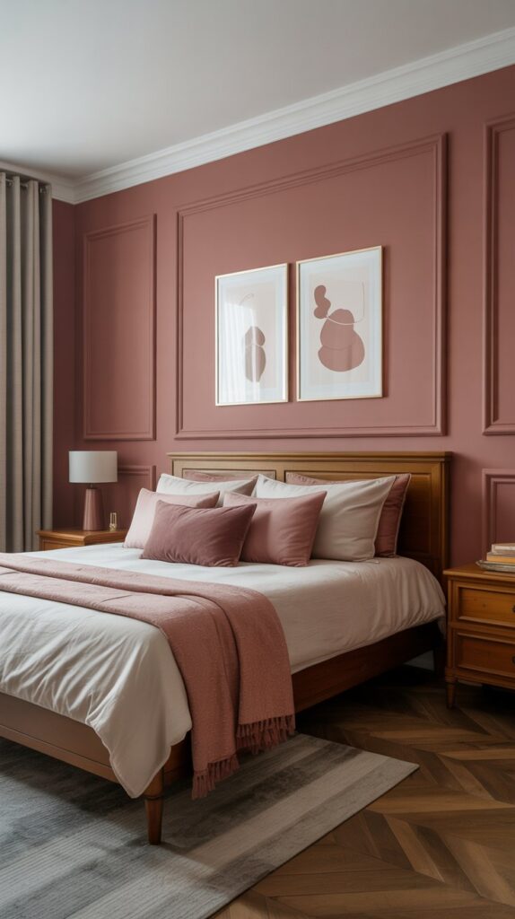 A sophisticated bedroom with muted pink walls, wooden furniture, and soft bedding.
