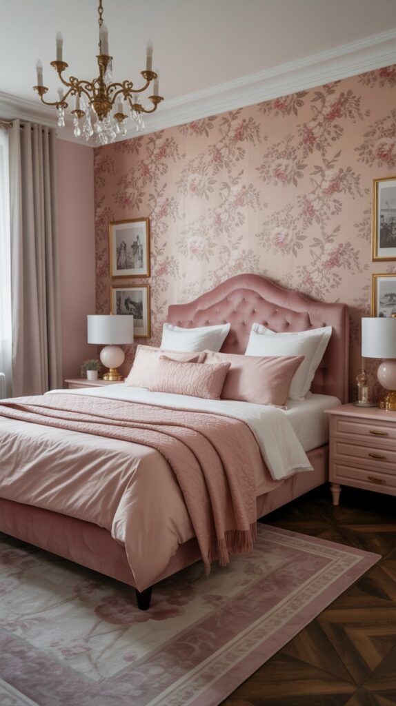 A sophisticated pink bedroom featuring floral wallpaper, elegant bedding, and stylish decor.