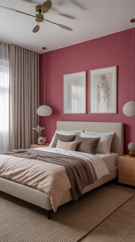 A stylish bedroom featuring a vibrant pink accent wall, neutral bedding, and modern decor.