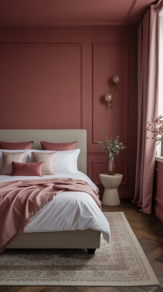 A stylish bedroom featuring rich raspberry walls, neutral bedding, and elegant decor.