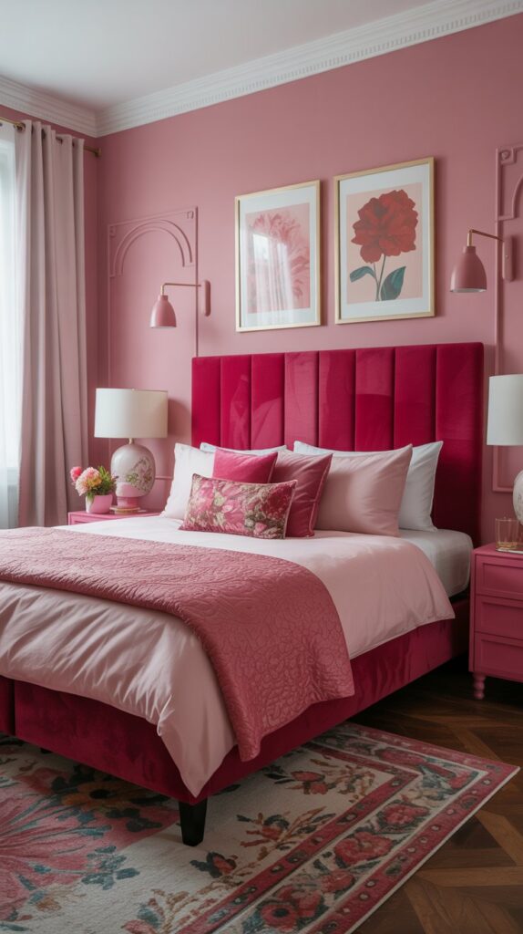 A stylish pink bedroom featuring a bold fuchsia headboard, floral artwork, and vibrant decor.