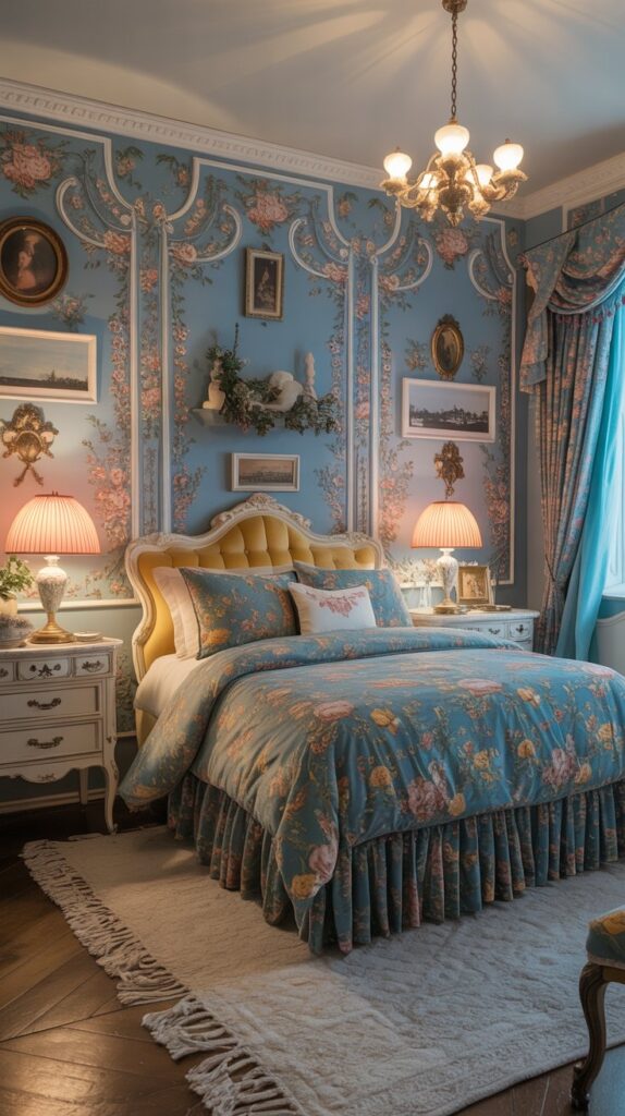 A vintage-inspired bedroom featuring blue and yellow decor, with floral bedding and ornate furniture.
