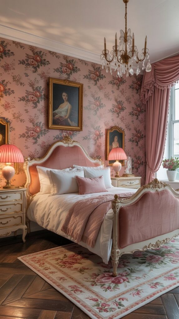 A vintage pink bedroom featuring floral wallpaper, an ornate bed, and elegant decor.