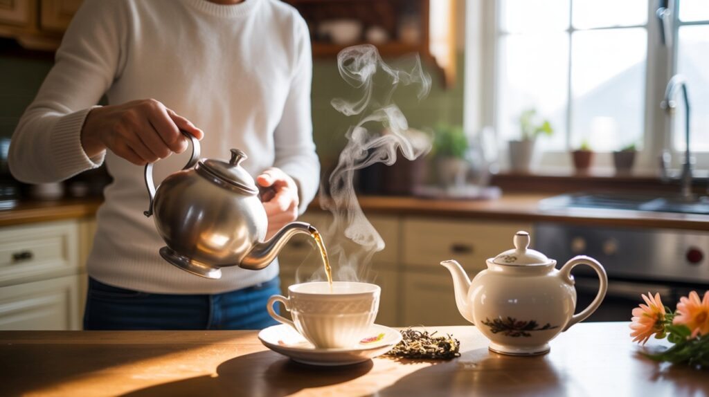 Person mindfully preparing tea in a sunlit kitchen - simple ritual in slow living lifestyle Person mindfully preparing tea in a sunlit kitchen - simple ritual in slow living lifestyle