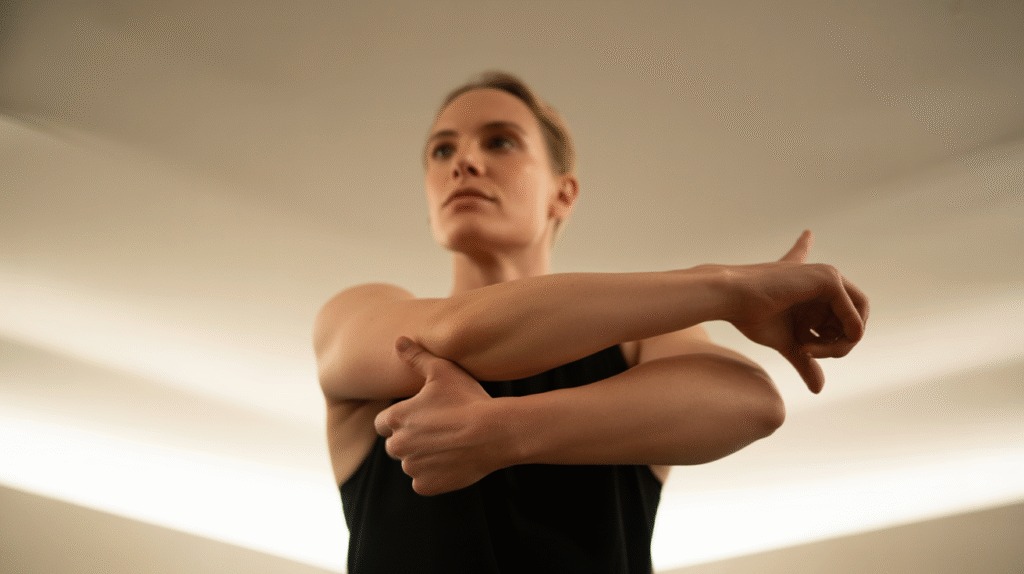 A well-lit studio setting with a person performing triceps stretches. The subject is standing upright, arms extended behind their back, with elbows pulled back, creating tension in the upper arms. The lighting is warm and diffused, creating gentle shadows that accentuate the muscle definition. The background is a clean, minimalist space with a neutral color palette, allowing the subject to be the focal point. The camera angle is slightly elevated, giving a dynamic perspective and highlighting the graceful posture of the subject. The overall mood is one of focus, strength, and subtle elegance, capturing the essence of an effective upper body deskercise. A well-lit studio setting with a person performing triceps stretches. The subject is standing upright, arms extended behind their back, with elbows pulled back, creating tension in the upper arms. The lighting is warm and diffused, creating gentle shadows that accentuate the muscle definition. The background is a clean, minimalist space with a neutral color palette, allowing the subject to be the focal point. The camera angle is slightly elevated, giving a dynamic perspective and highlighting the graceful posture of the subject. The overall mood is one of focus, strength, and subtle elegance, capturing the essence of an effective upper body deskercise.