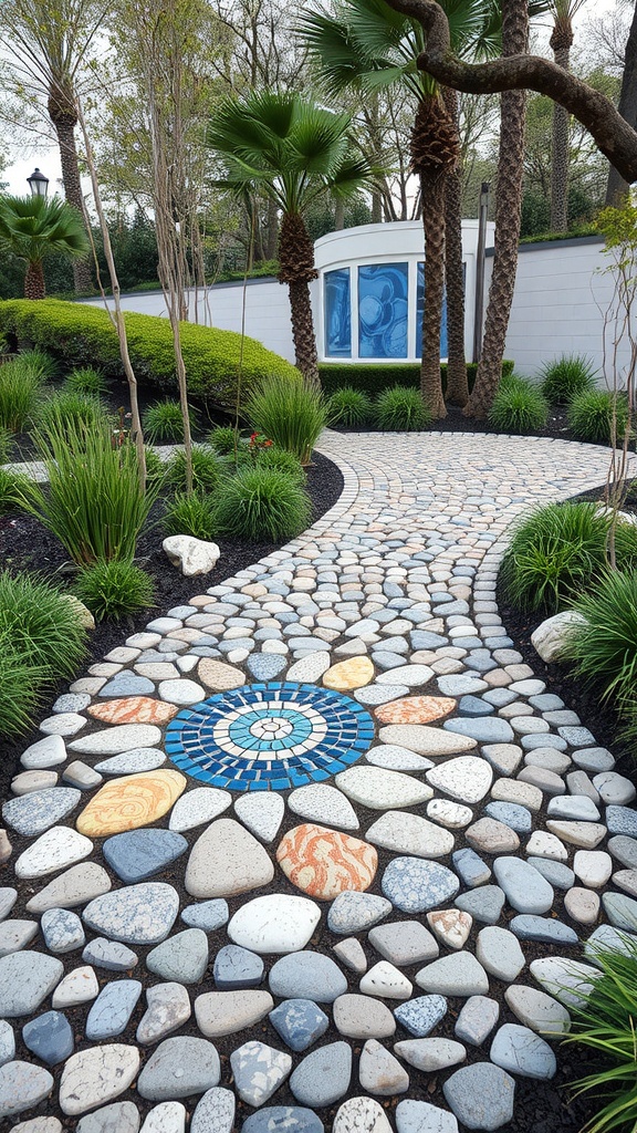 A winding pebble mosaic pathway featuring a floral design with blue tiles and various colored stones, surrounded by lush greenery.