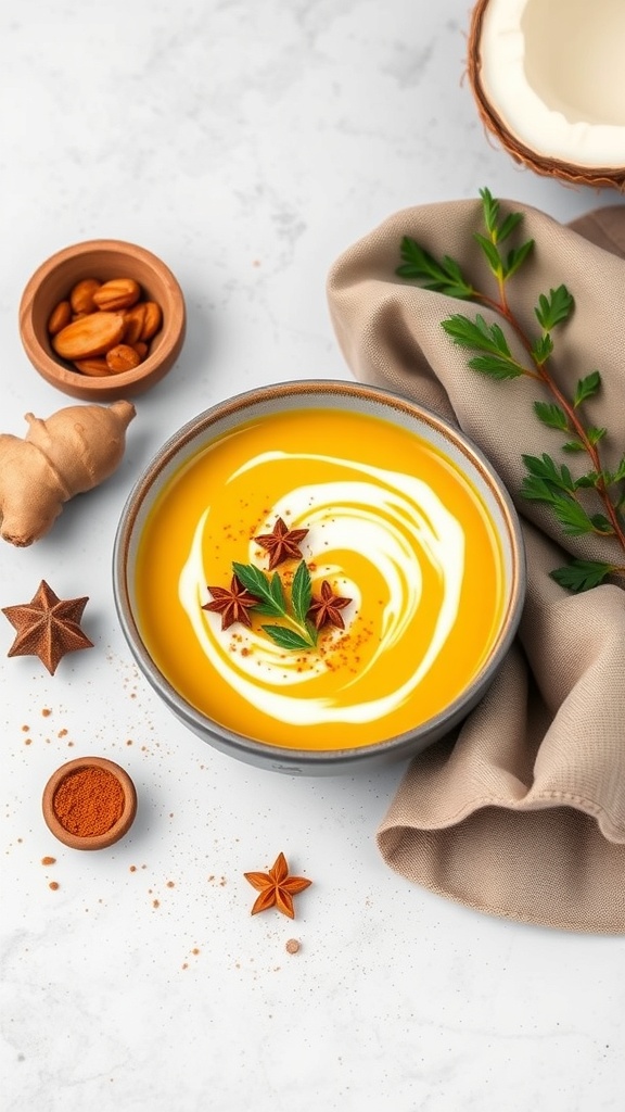 A bowl of creamy golden soup with spices and herbs around it.