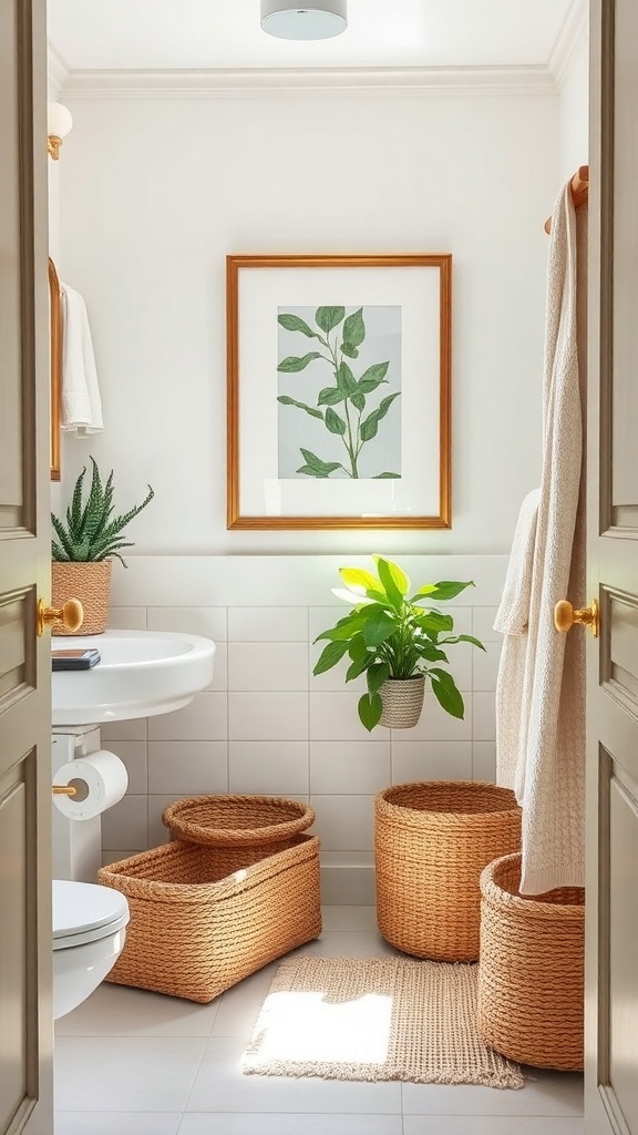 A bright bathroom with green plants, framed artwork, and woven baskets for decor.