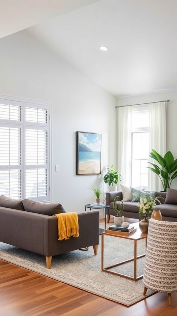 A modern living room featuring sleek sofas, bright decor, and a cozy atmosphere.