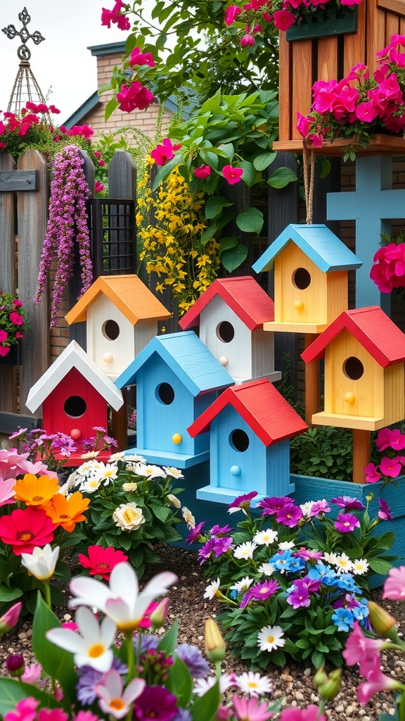 Colorful birdhouses surrounded by vibrant flowers in a garden setting