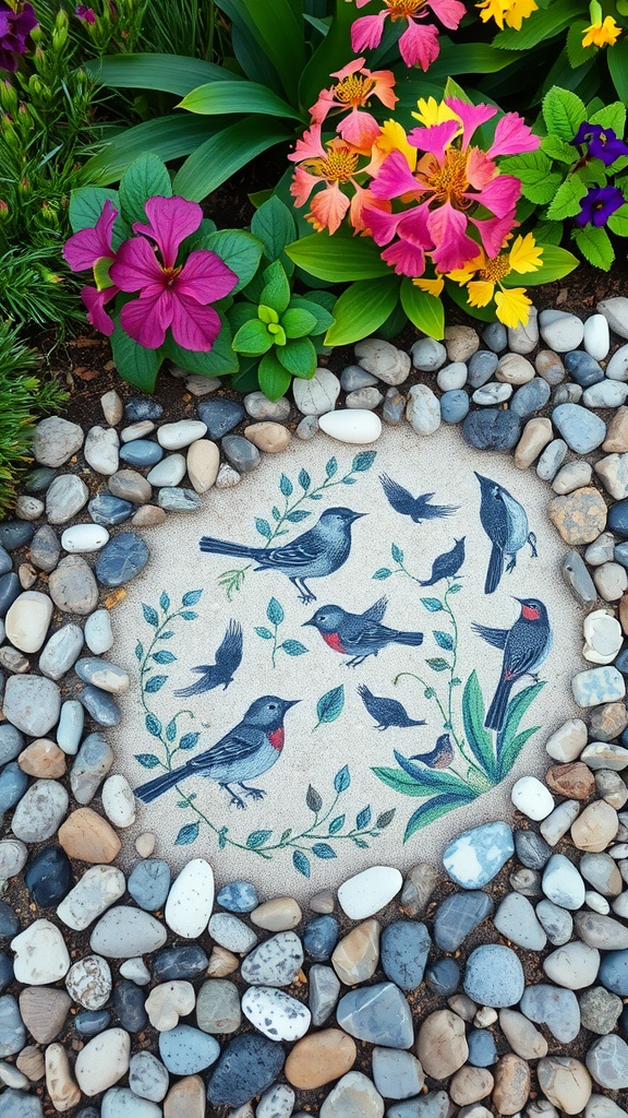 A pebble mosaic featuring various birds surrounded by greenery, with colorful flowers in the background.