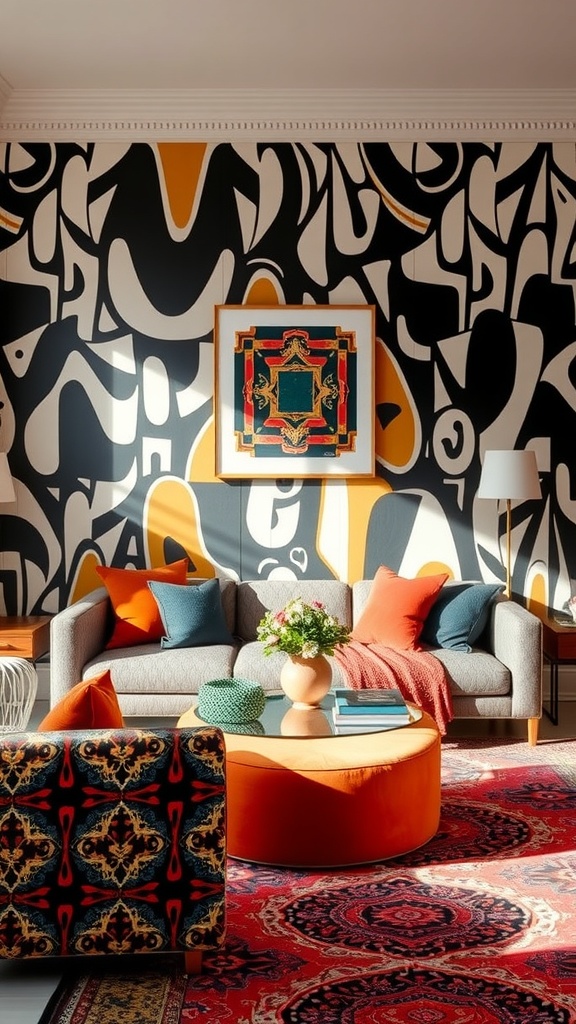 A living room featuring bold graphic patterns on the wall, a gray sofa with colorful cushions, and a round coffee table.