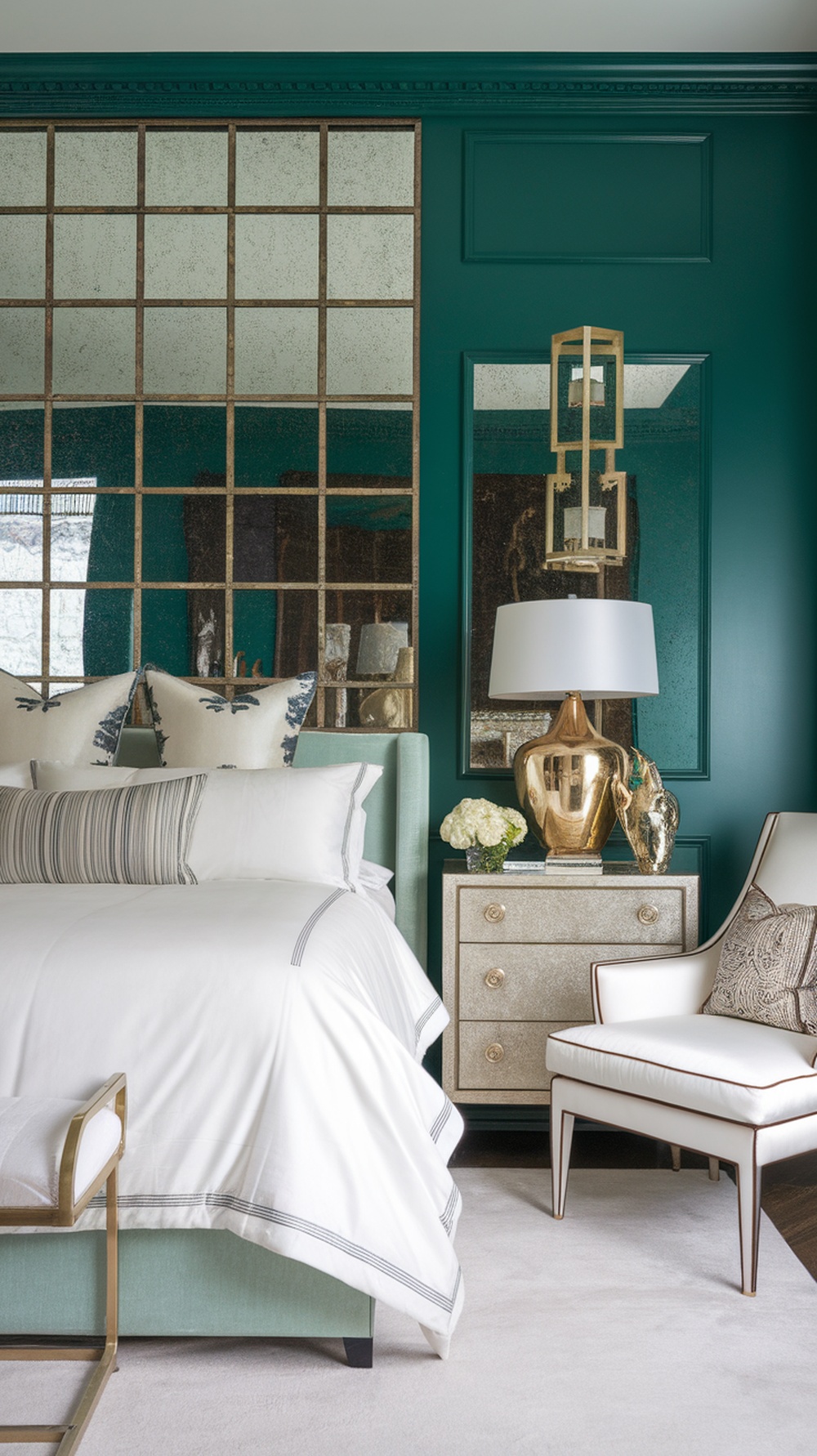 A luxurious bedroom featuring bottle green walls, a large mirror, white bedding, and elegant decor.