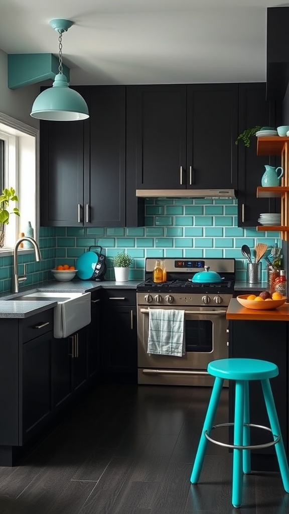 A modern black kitchen featuring bright aqua accents, including a light fixture and stool, creating a playful atmosphere.