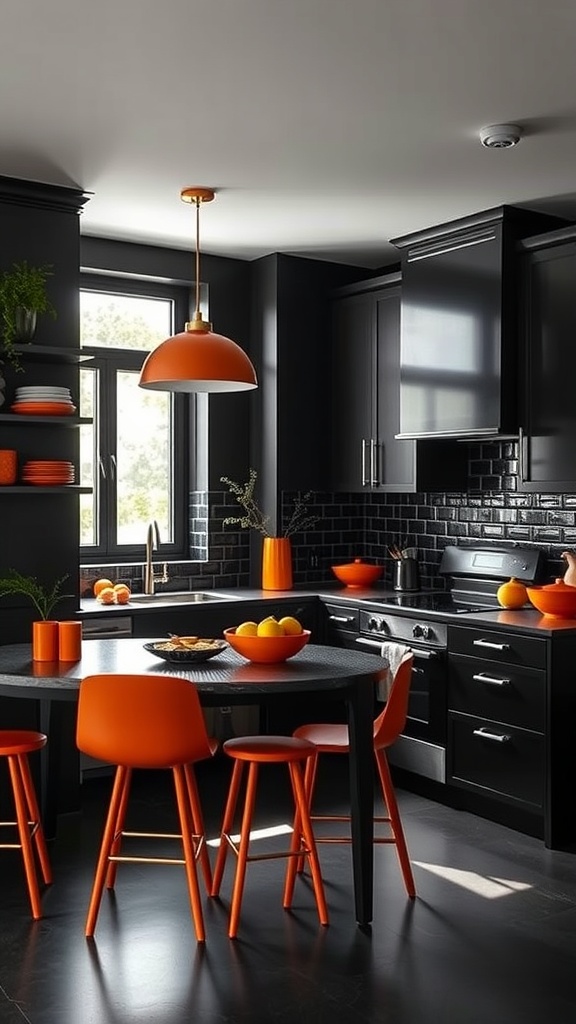 A modern black kitchen featuring bright orange accents in furniture and decor.