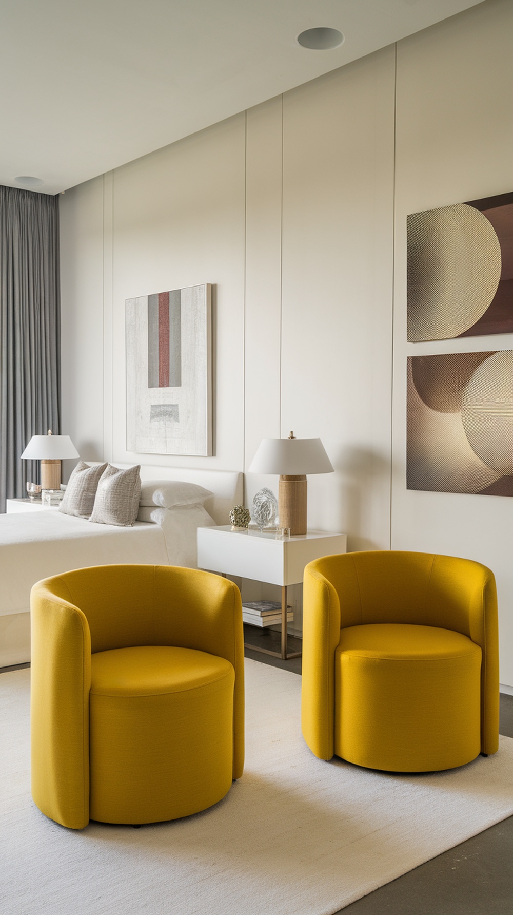 Two bright yellow accent chairs in a modern bedroom with neutral decor.
