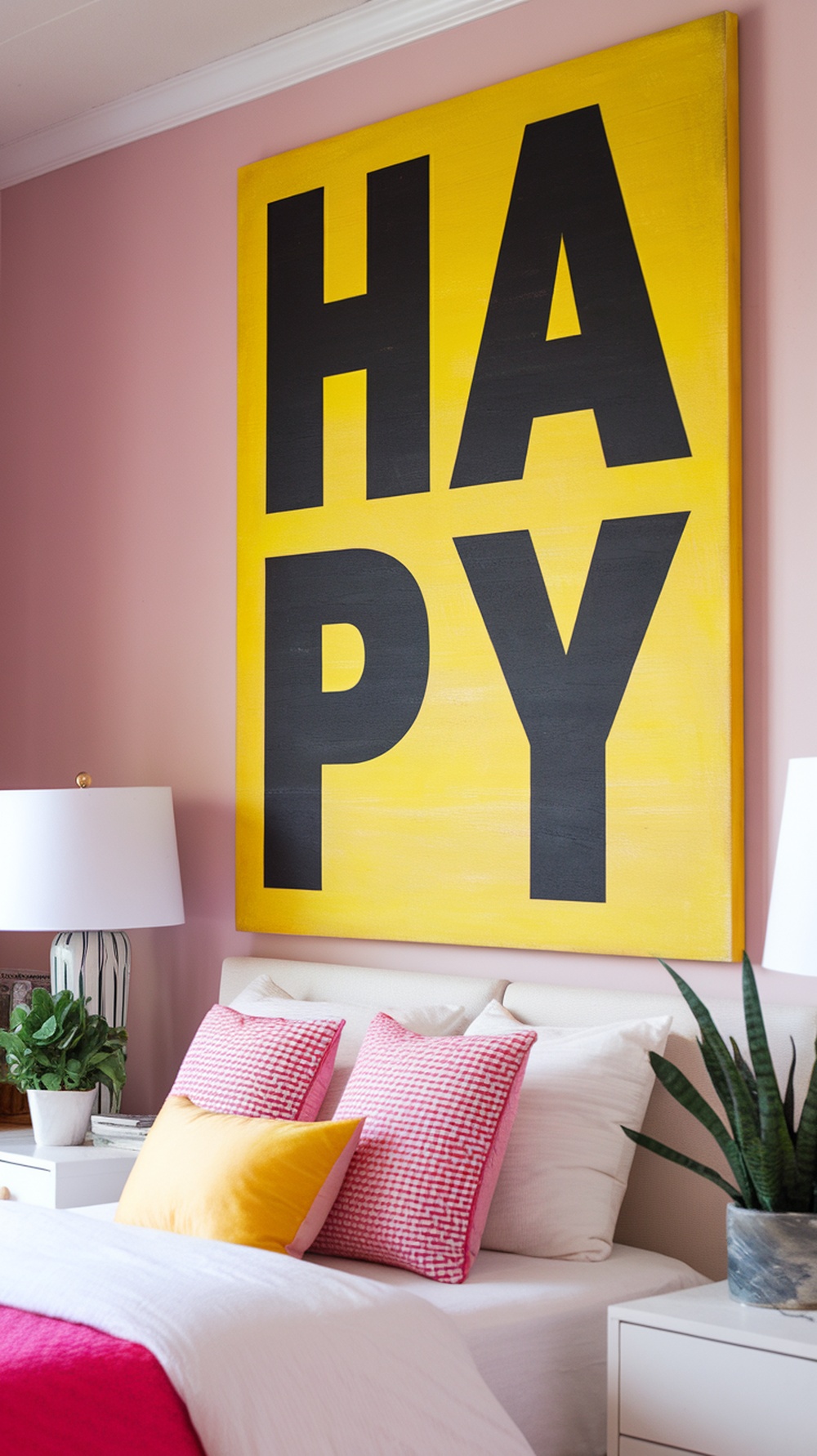 A bright yellow artwork with the word 'HAPPY' in bold black letters on a pink wall in a bedroom.