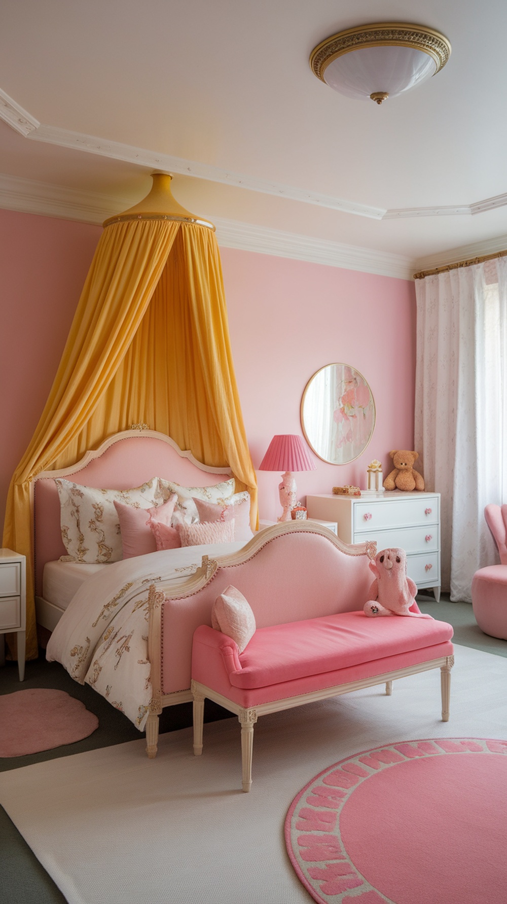 A bright yellow bed canopy draped over a pink bed in a stylish bedroom.