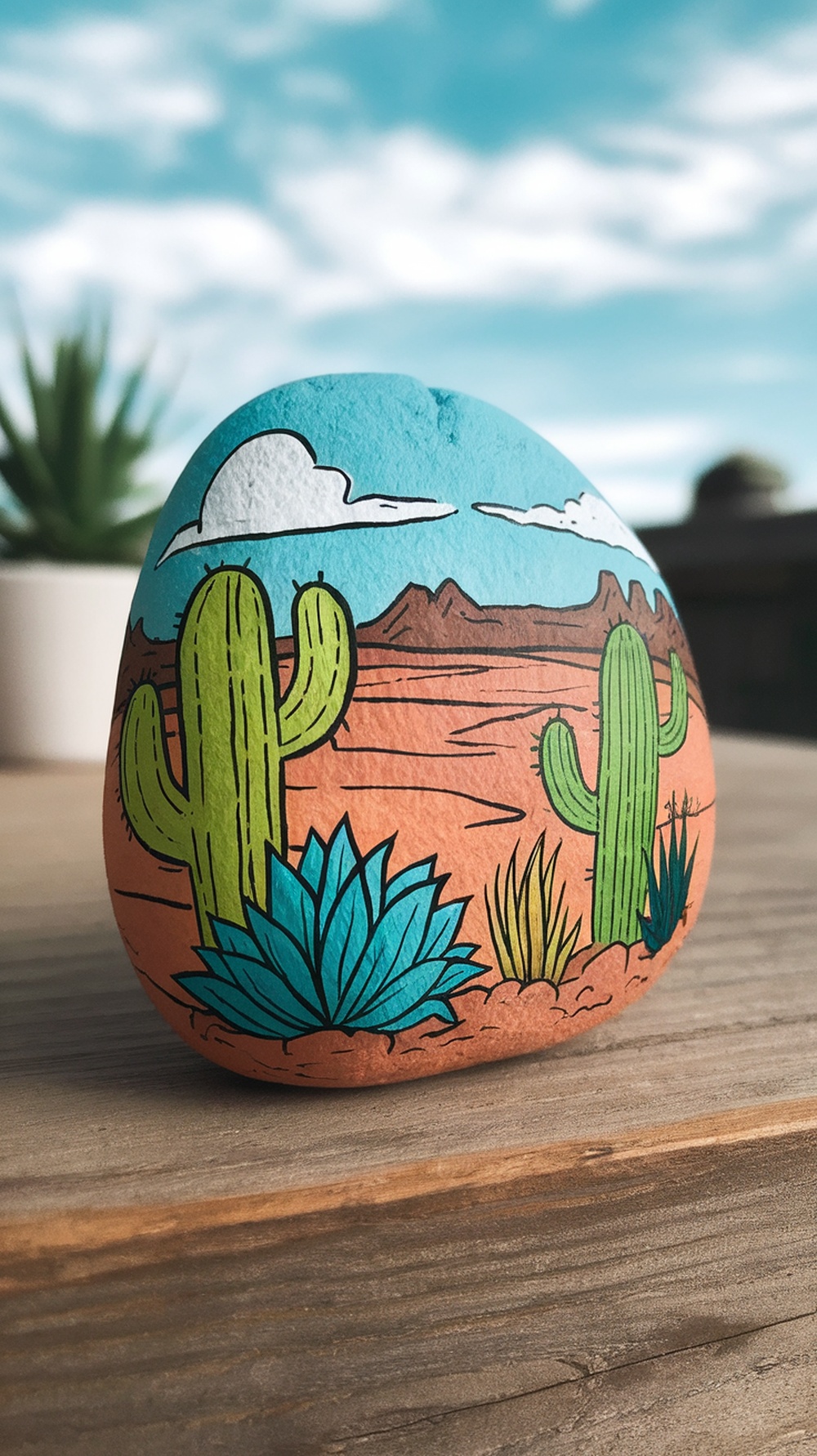 A painted rock featuring cacti and succulents in a desert landscape