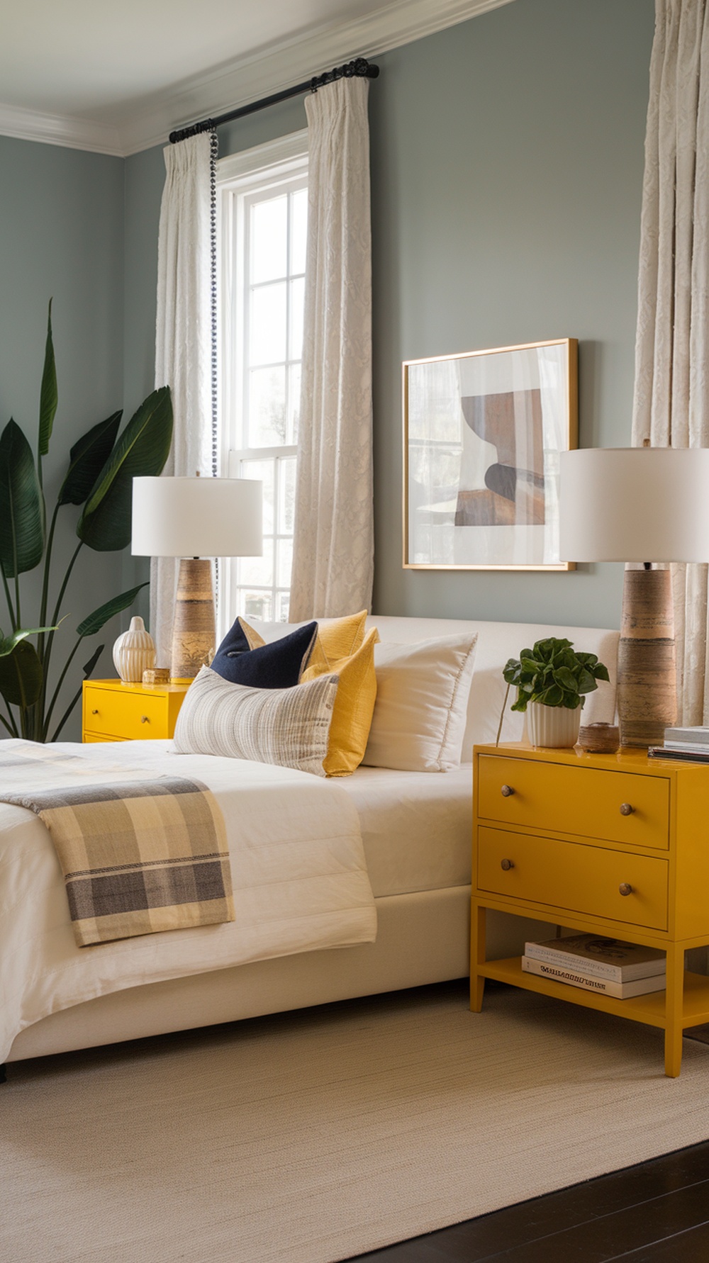 A cozy bedroom featuring canary yellow bedside tables with lamps, a white bed, and soft decor.