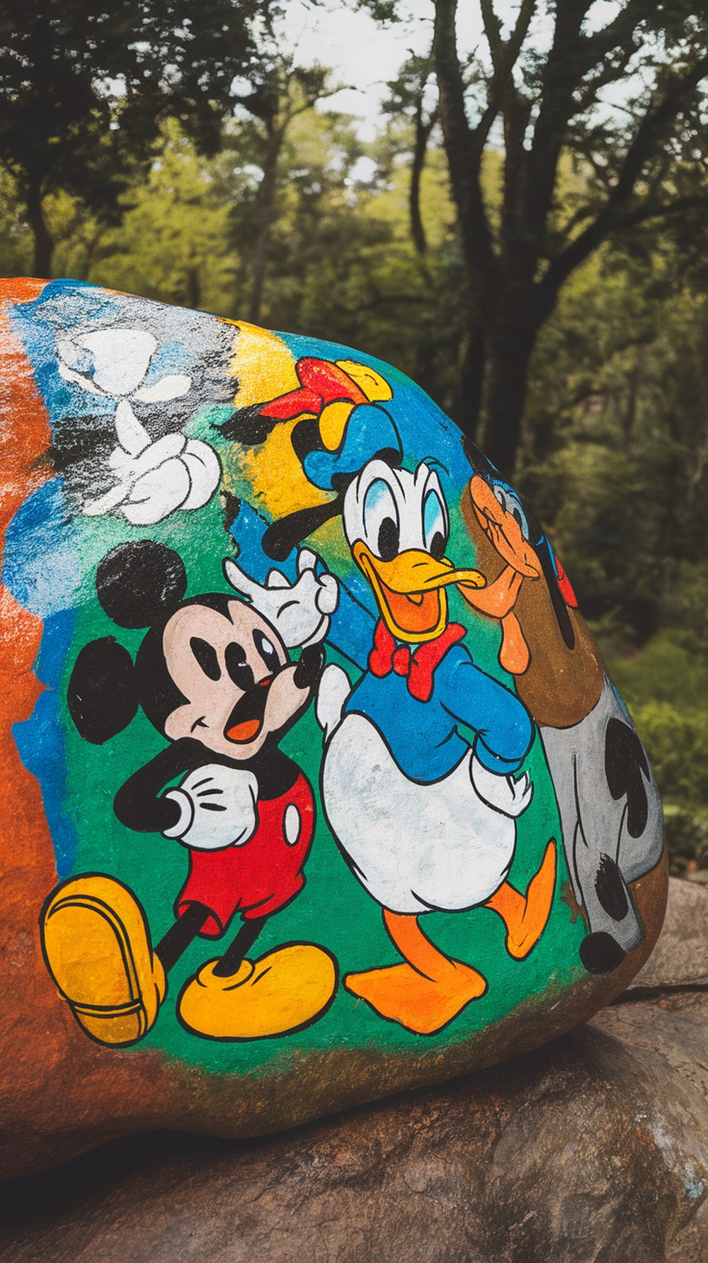 A rock painted with cartoon characters including Mickey Mouse, Donald Duck, and Goofy.