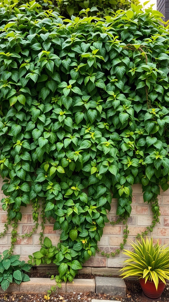 A lush green wall of cascading plants over a brick surface, with a potted plant in the foreground.